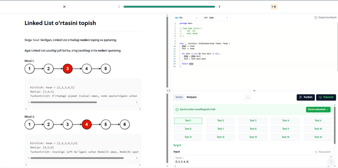Linked List o'rtasini topish